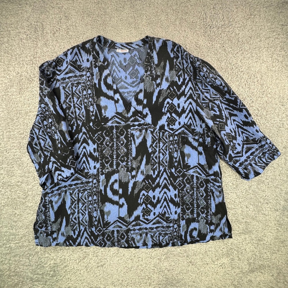 Tianello Steve Barraza Womens XL Diva Blouse Blue Ikat Bemberg Rayon 3/4 Sleeve